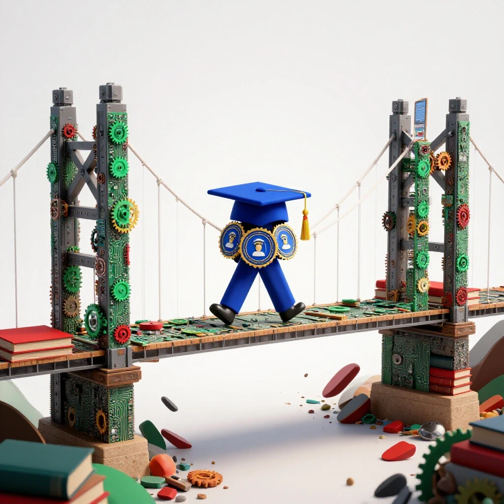 Vivid bridge made from books, gears, and circuit boards spans a chaotic landscape, symbolizing alternative education pathways.