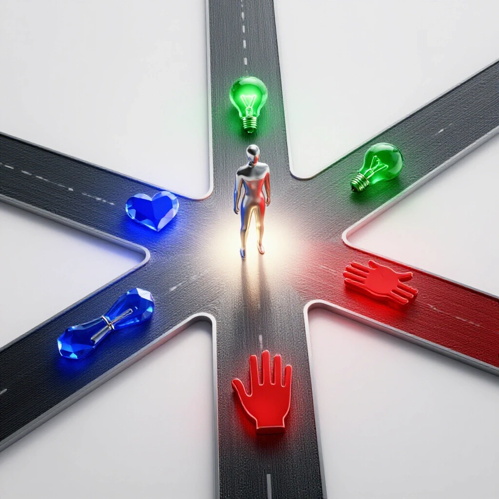 Metallic silhouette at a crossroads with radiant, colorful symbols for core values on glowing paths
