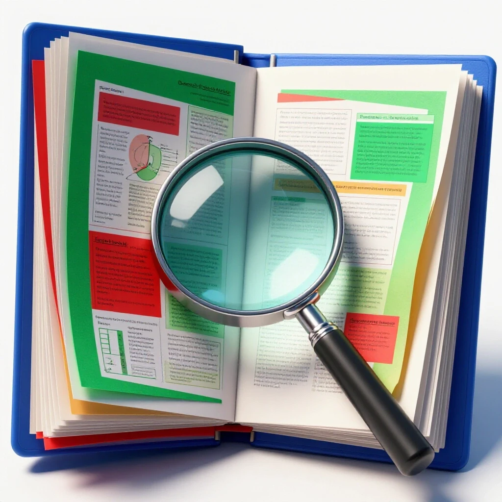 A magnifying glass inspects an open folder filled with colorful documents, spotlights highlighting details.