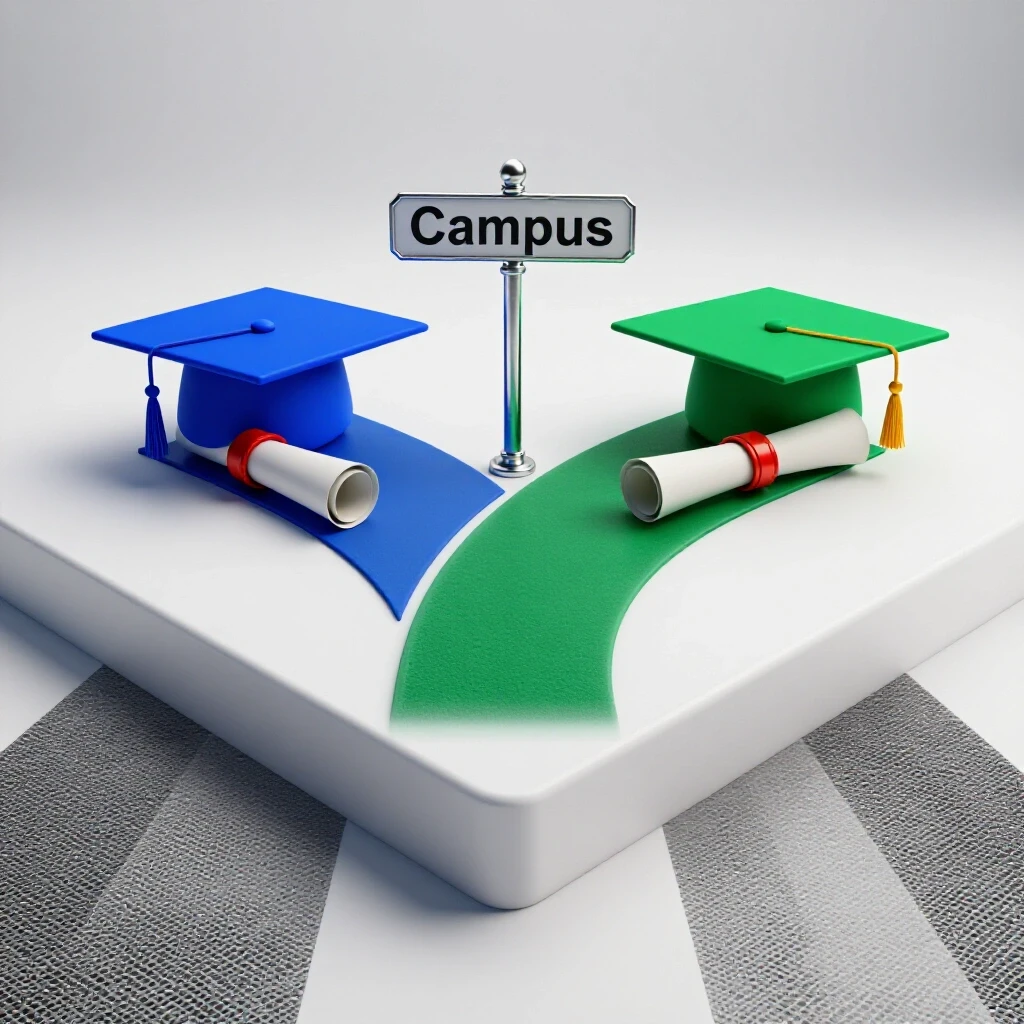 Two boldly colored graduation caps and diploma scrolls at a crossroads, symbolizing catalog year choices.