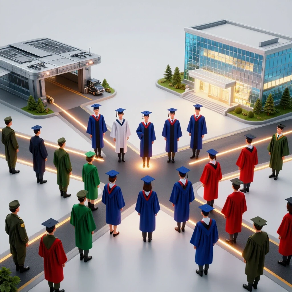 A crossroads scene where military uniforms transform into graduation gowns, with a glowing path connecting a detailed airbase to a bright academic building.