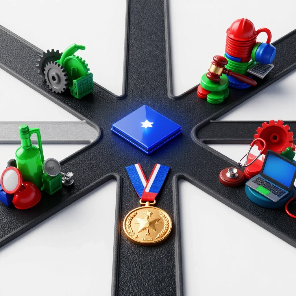 A crossroads with a military medal on one path, civilian career icons on another, and a diploma at the center