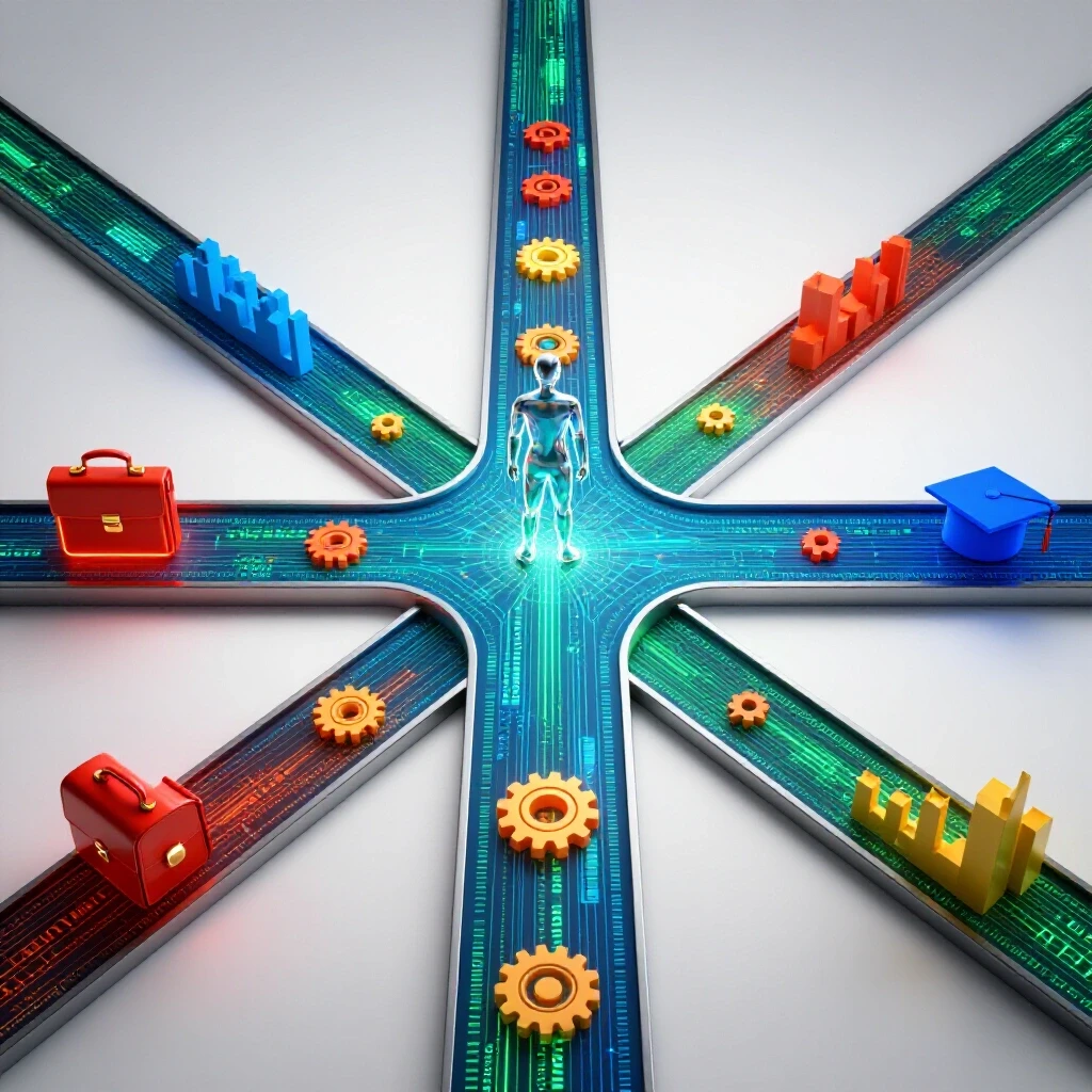 Abstract figure stands at vibrant data crossroads, examining branching paths leading to glowing career icons.