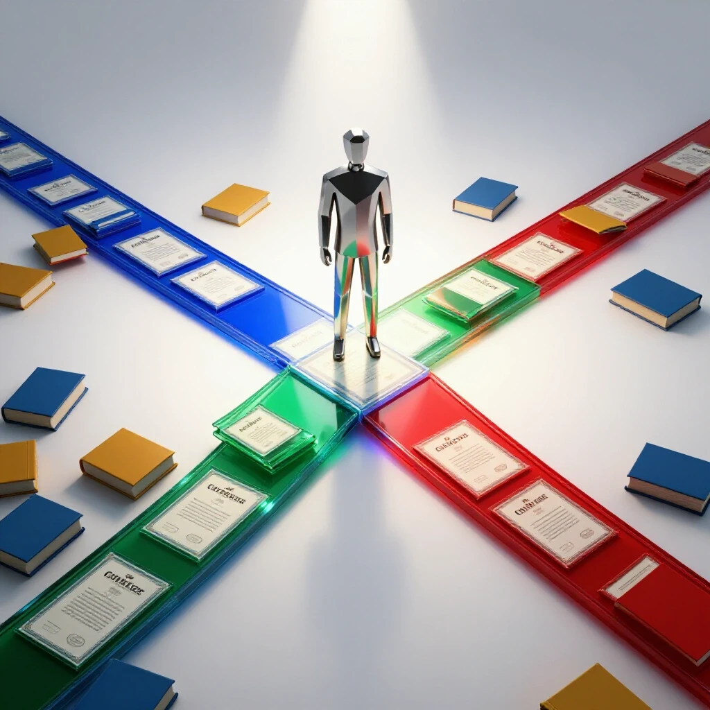 A stylized crossroads with one path of bright certificates under a spotlight and another of scattered textbooks with a chrome figure deciding which way to go.