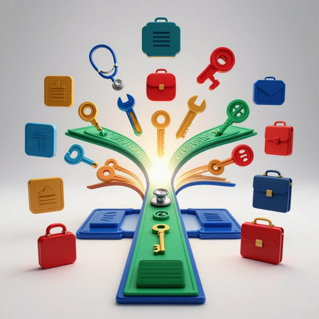 Certificates branching into colorful professional symbols on a bright white background, evoking career pathways and opportunity.