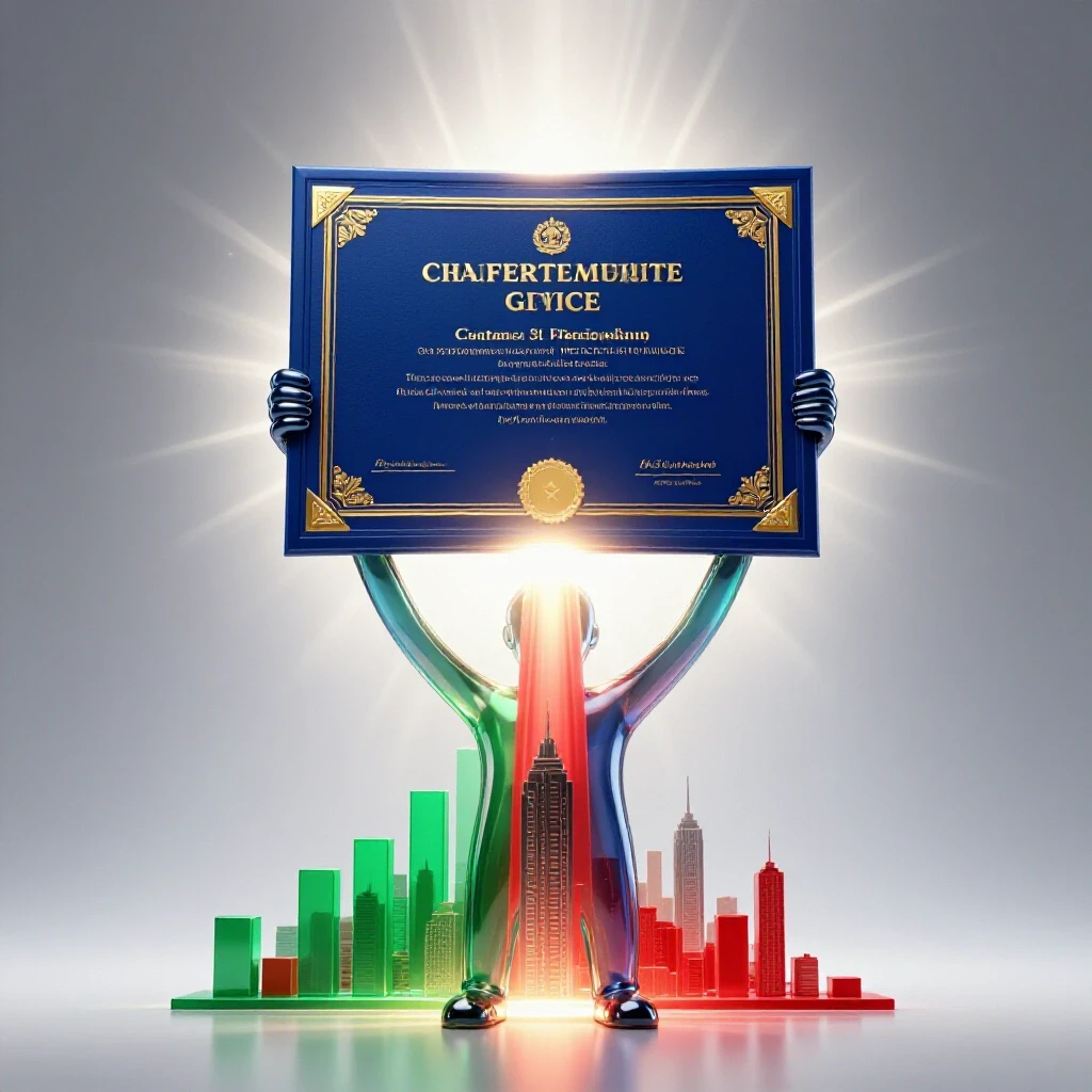 Glowing certificate held by a faceless figure, radiating light to city skyline and bar graphs, with clean studio background.