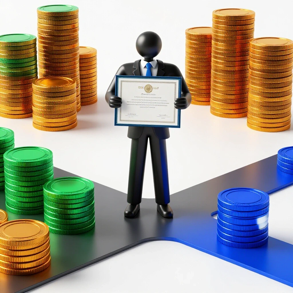 Abstract professional holding a certificate at a crossroads, with diverging paths leading to stacks of coins of different sizes, symbolizing certification impact on earnings.