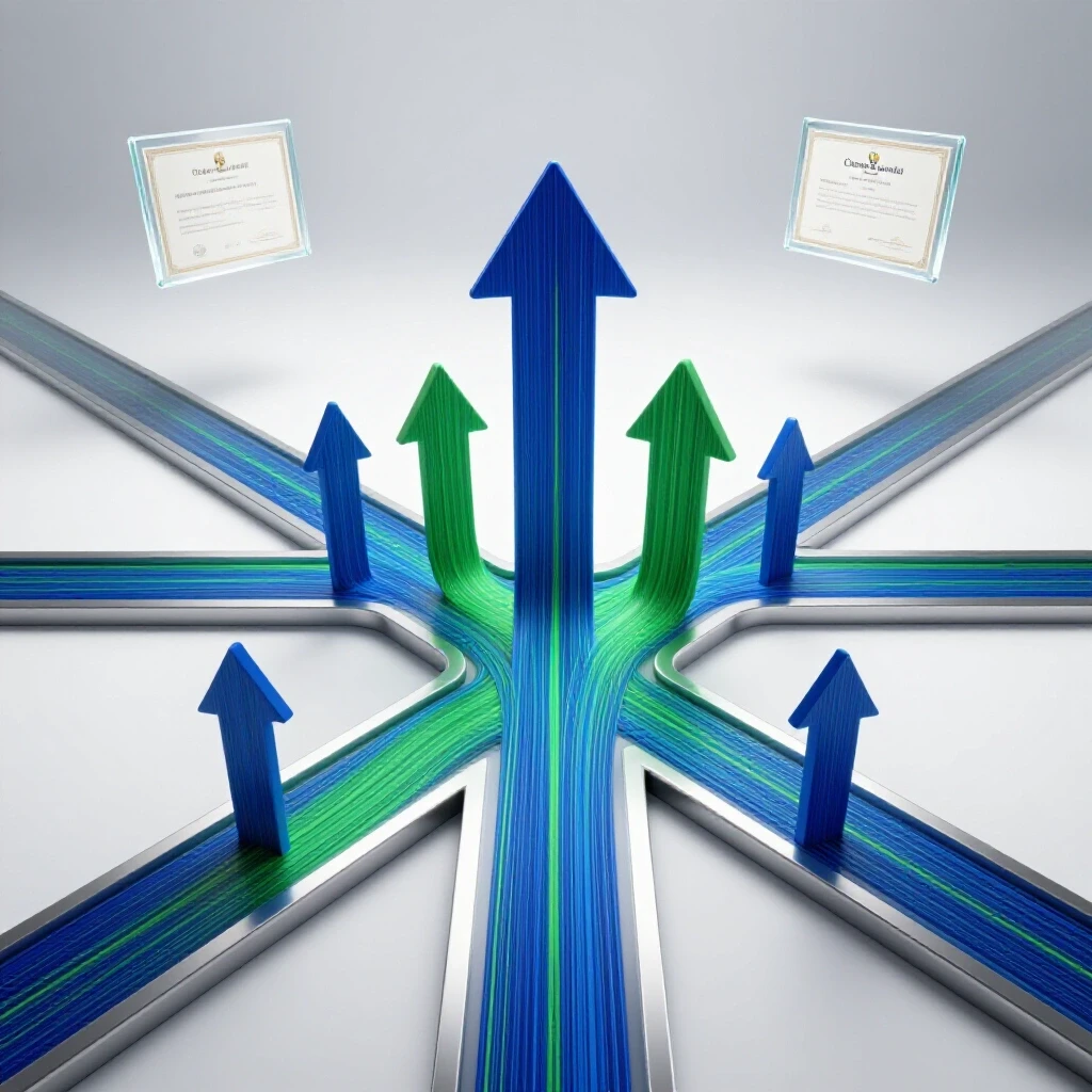 Vibrant arrows of data streaming upward from a metallic crossroads toward glowing certificates, with shadowy paths fading away.