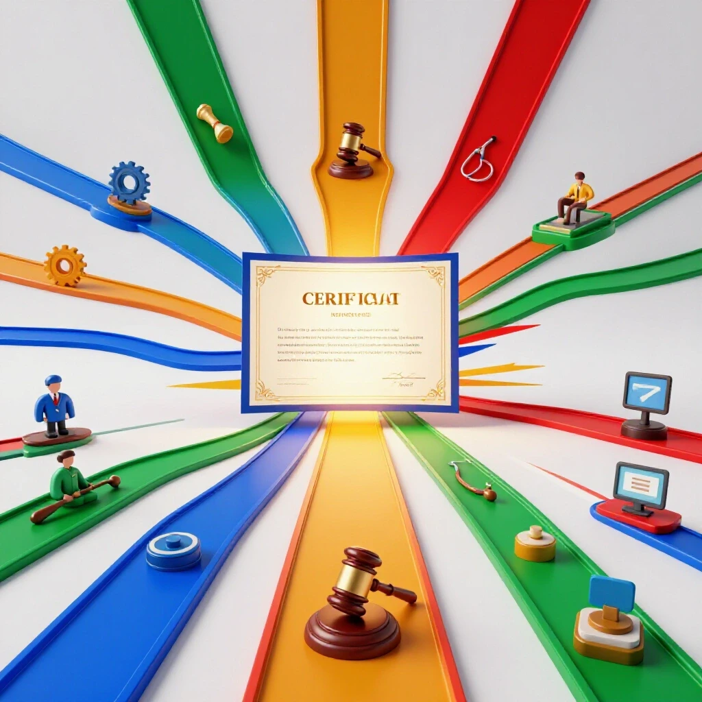 A glowing certificate at the center with multiple colorful pathways transforming into various professional icons.