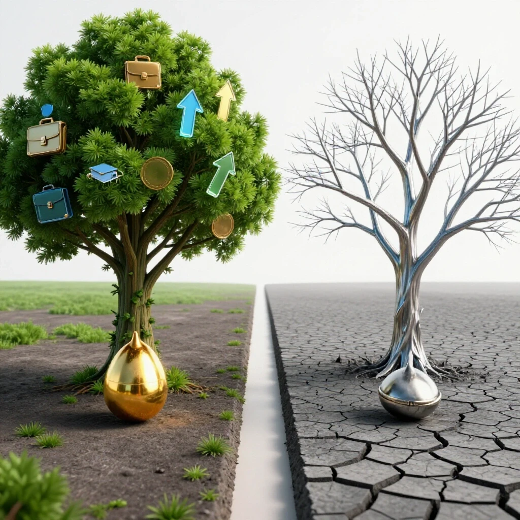 Split path with one side showing a coin turning into a vibrant tree of career icons, the other side barren.