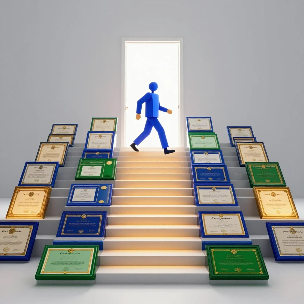 A staircase of glowing certificates leads upward to a bright doorway, with an abstract figure stepping ahead.