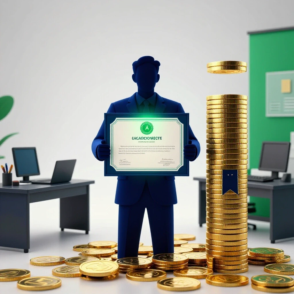 A glowing certificate bridges from a modest workspace to a high stack of gold coins on a bright white background.