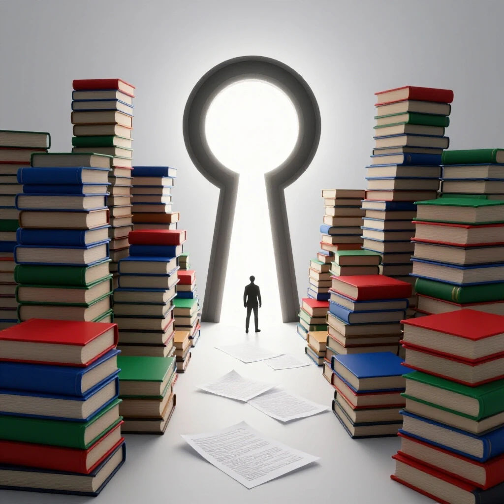 Stacks of colored books and exam papers line a path leading to a glowing keyhole doorway, symbolizing unlocking opportunities.