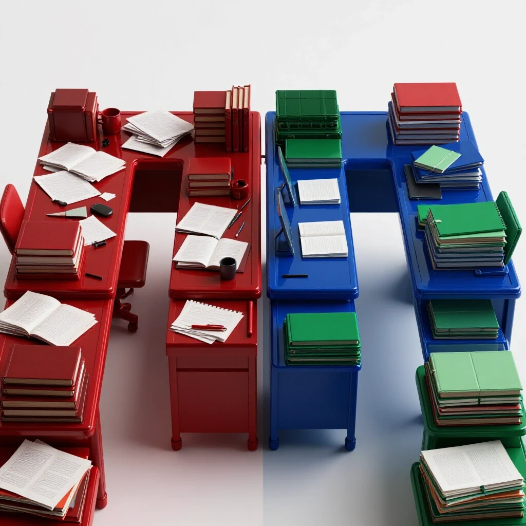 Split scene of a cluttered red desk with scattered papers beside a tidy green-blue workspace with organized study materials.