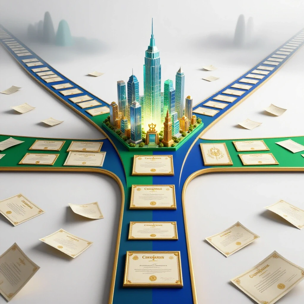 Dramatic crossroads showing golden certificates toward a bright city and crumpled ones fading into foggy uncertainty.