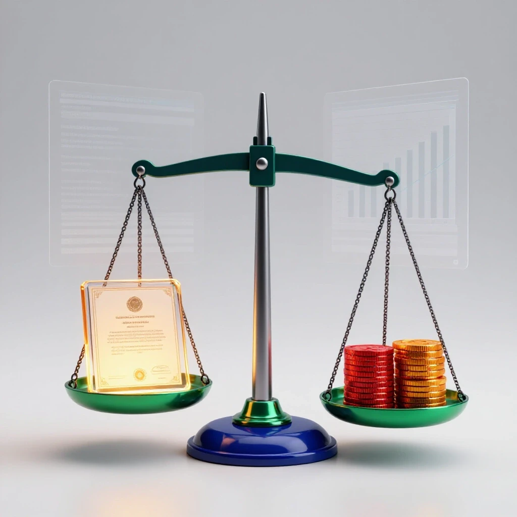 A balanced metallic scale with a glowing certificate weighed against stacks of coins, with subtle data charts in the bright background.