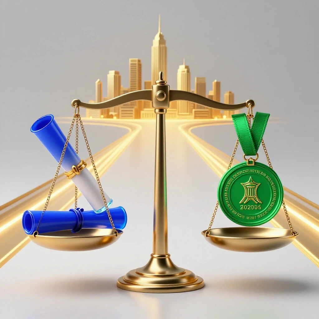 Metallic scale with blue academic scroll and green certification badge, golden pathways leading to city skyline on a bright background.