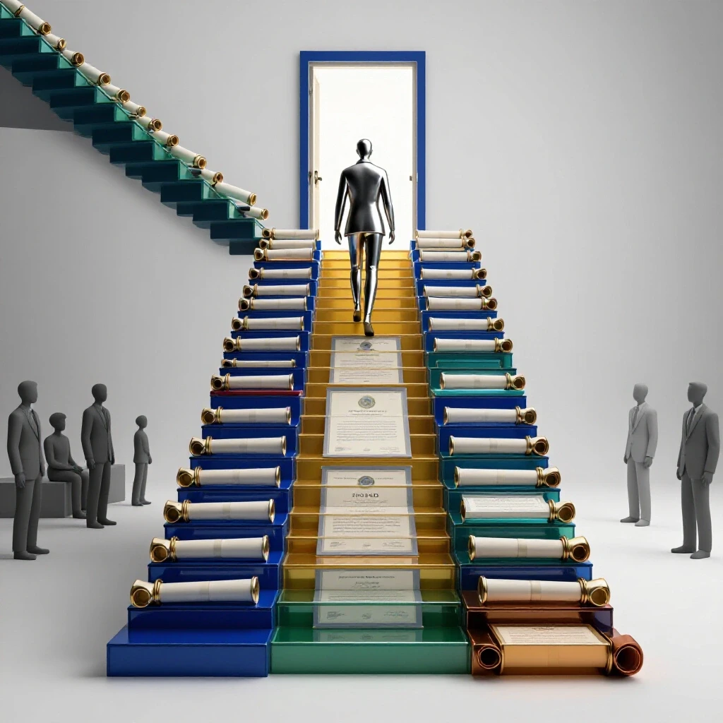 A central staircase of vivid certification documents leads to a glowing office door, with an abstract business figure ascending while others wait below.
