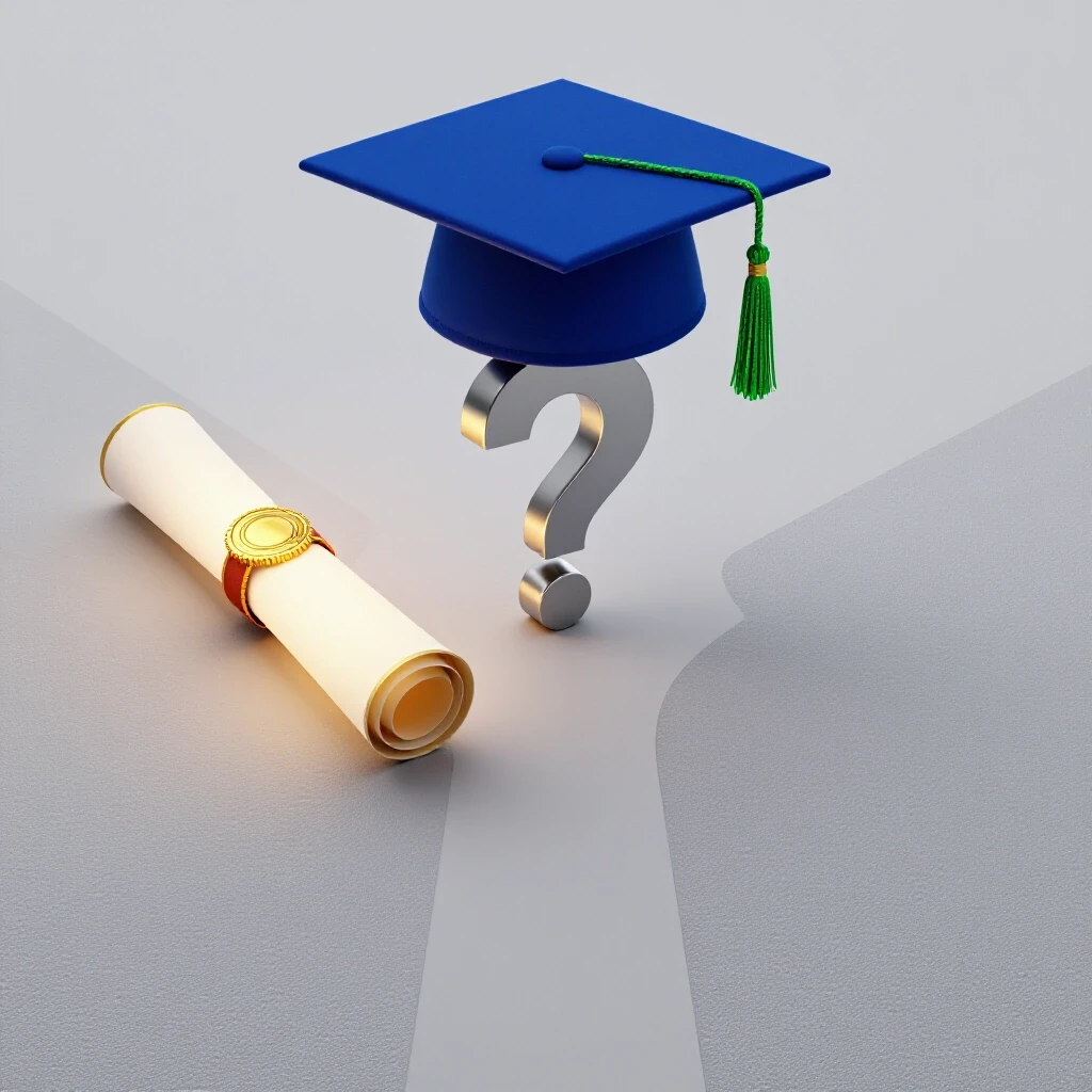 Split path featuring a glowing certification scroll and a vibrant graduation cap at a crossroads with an abstract question mark sculpture.