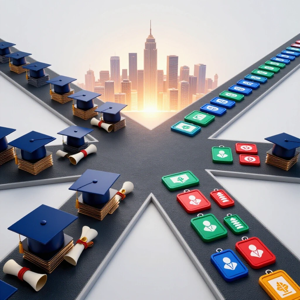Dramatic crossroads with academic caps on one path, professional badges on the other, leading to a glowing city skyline.