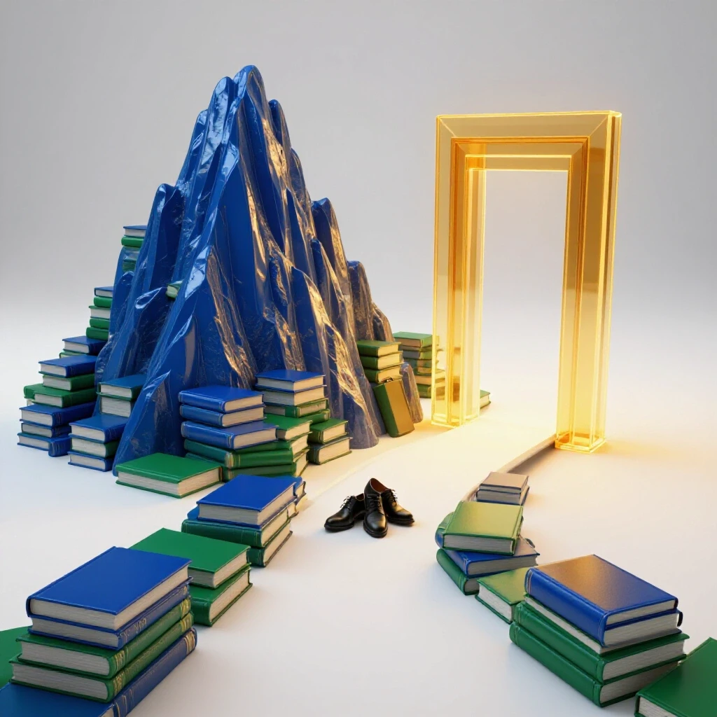 A forked path with a mountain of books on one side and a glowing gateway on the other, symbolizing CFA Level 1 retake choices.