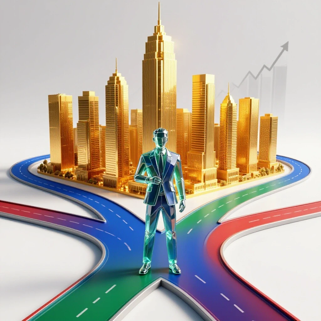 A stylized crossroads leads to a golden financial skyline with upward-trending graphs in a bright studio setting.