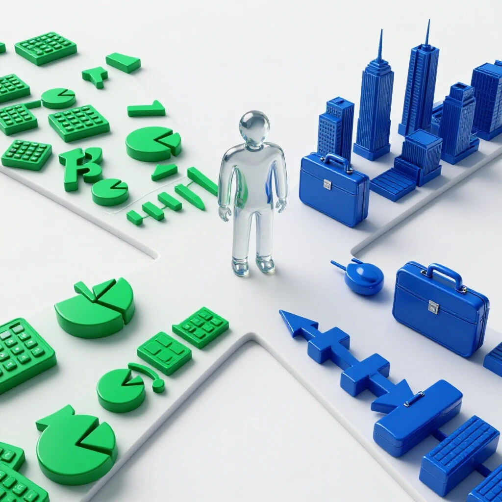 A dynamic crossroads scene with financial icons on one path and business symbols on the other, a central figure deciding between careers