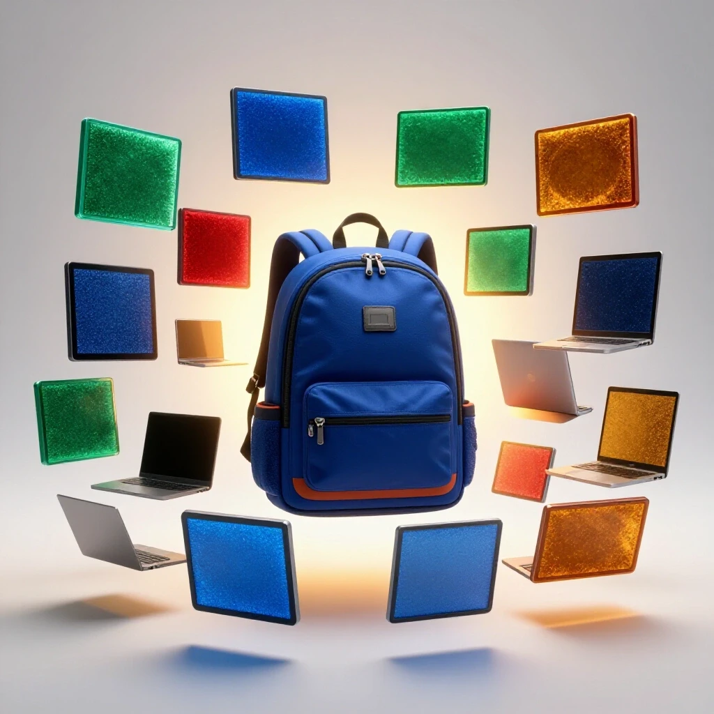 A vibrant scene featuring a backpack surrounded by colorful floating digital screens and devices, with a warm distant light suggesting achievement.