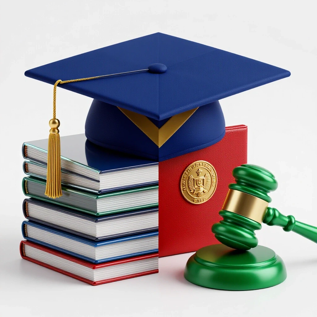 Split scene showing academic regalia, books, and mortarboard beside a government gavel, document, and seal.