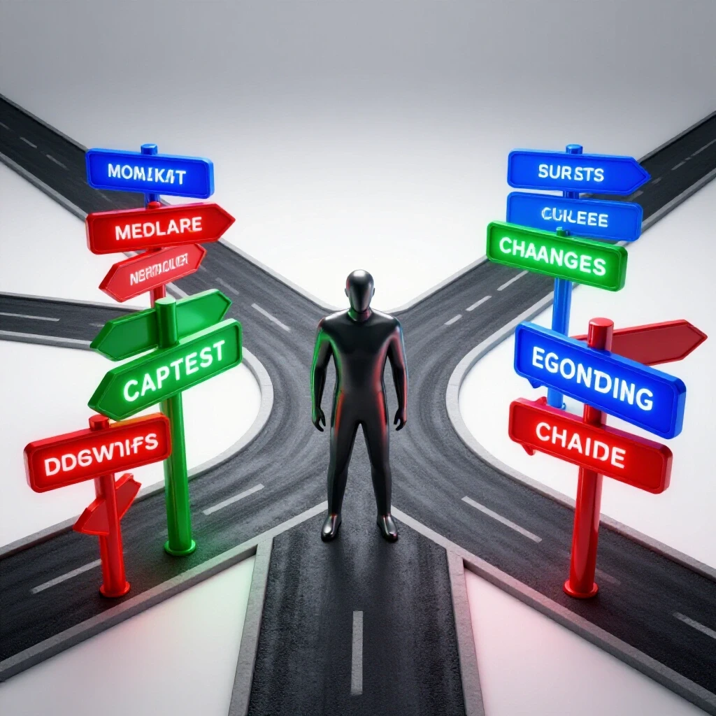 A confident adult-shaped figure stands at a crossroads, facing vibrant branching trails with glowing, colorful signposts