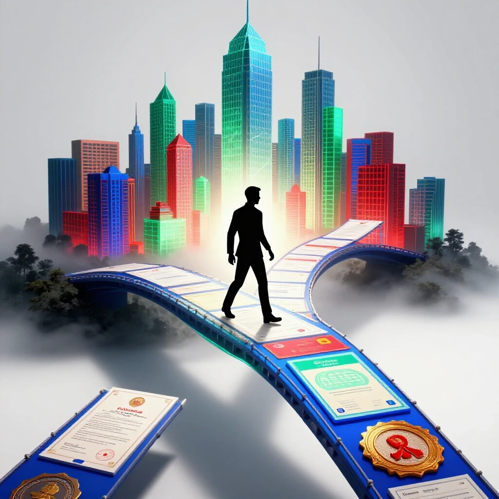 A silhouette strides across a glowing bridge of certificates from a shadowy terrain toward a vibrant cityscape.
