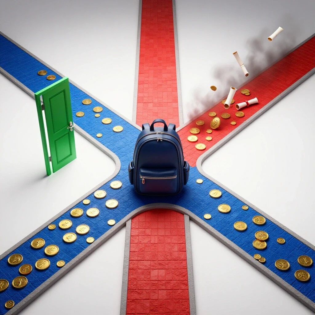Diverging academic pathways at a crossroads, one path leading to golden coins and opportunity, the other fading into uncertainty, with a backpack at the center symbolizing student choices.