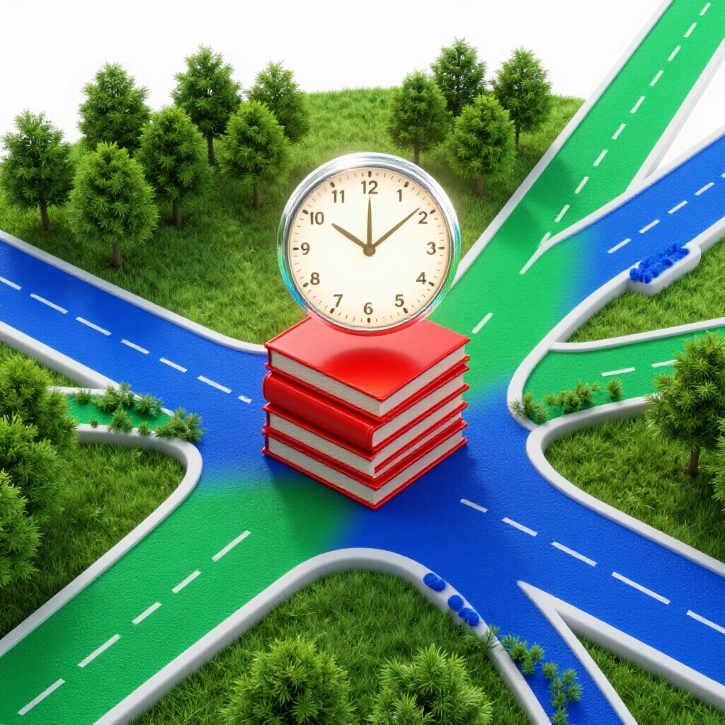 Dynamic intersection of colorful academic paths and a looming clock, symbolizing urgent deadline decisions.