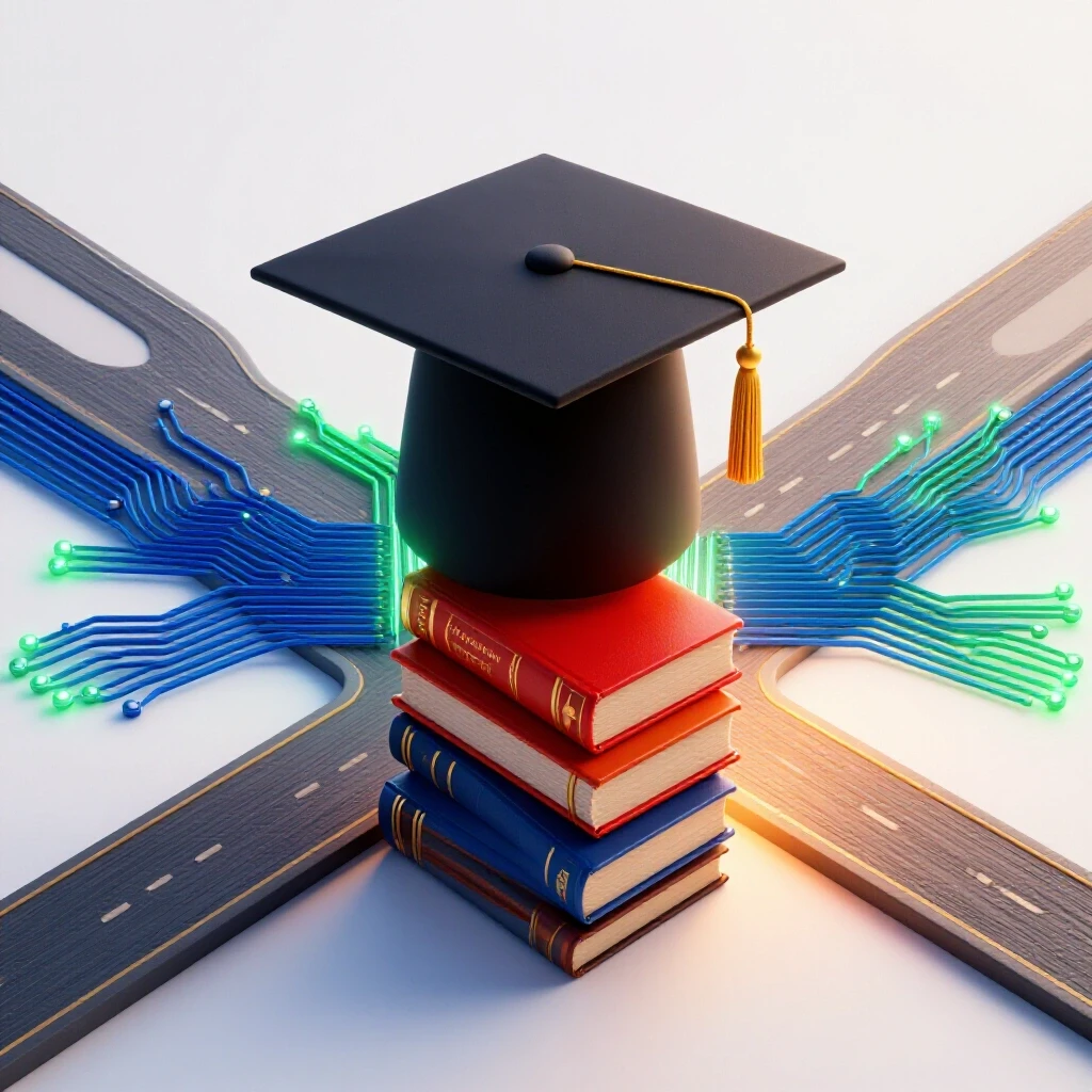At a bright, clean crossroads, traditional academic symbols face off against glowing AI circuitry, symbolizing student choices.