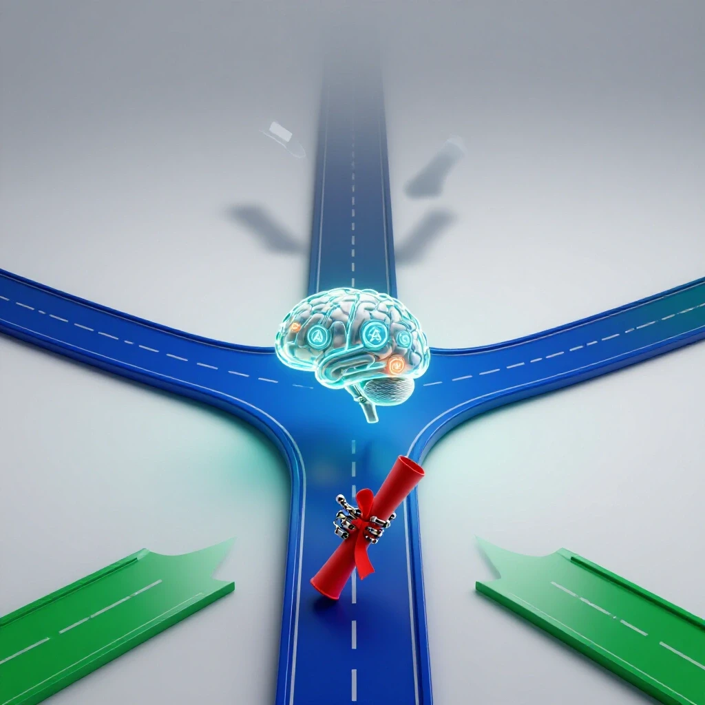 Dramatic crossroads scene with glowing AI brain holding a diploma and a second path fading into uncertainty