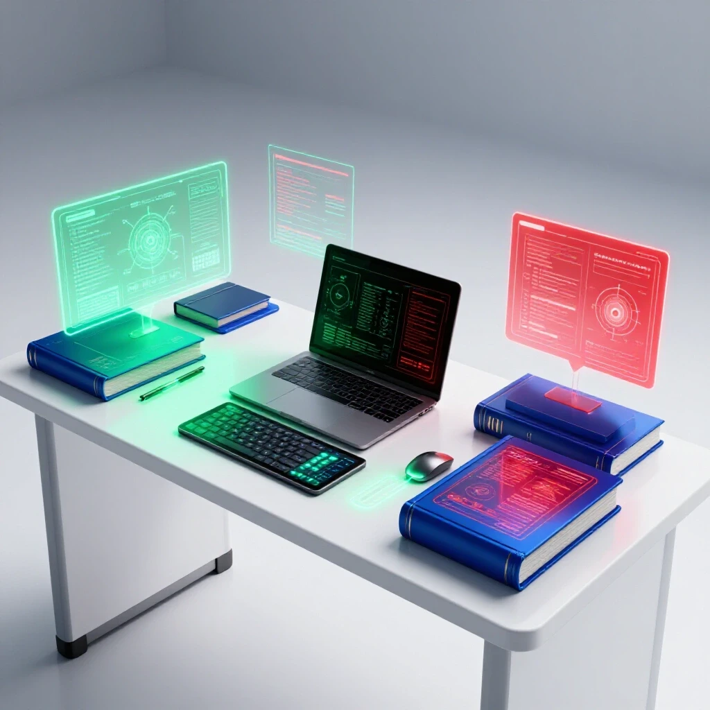 Bright modern study desk with holographic AI displays and deep colored textbooks in a clean white studio.