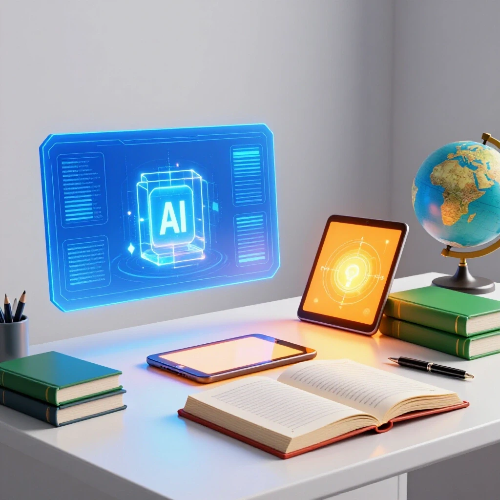 Split screen of a vibrant AI hologram and classic tutoring objects contrasted on a bright background.