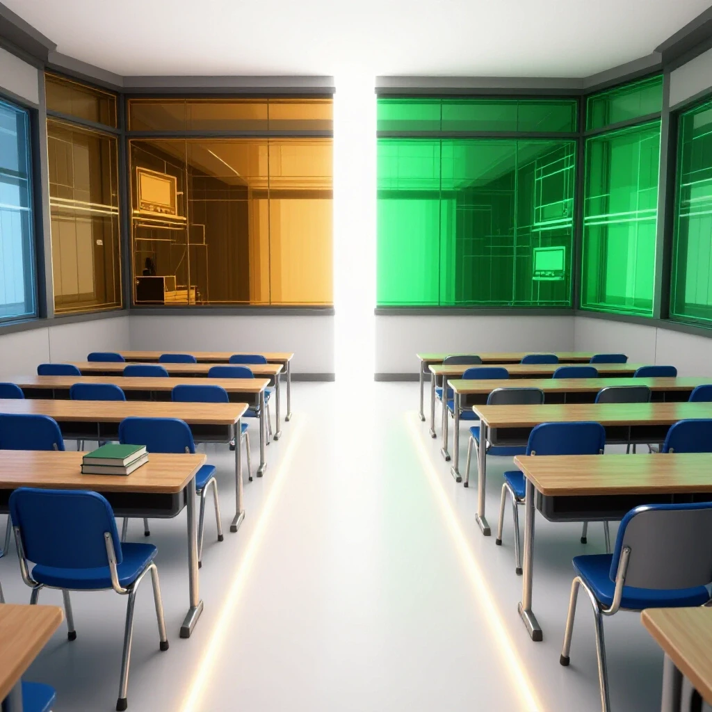 Split 3D scene with modest classroom and high-tech lecture hall converging to a bright pathway symbolizing educational outcomes.