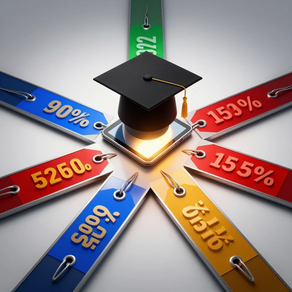 Vivid crossroads with colorful price tags branching out, leading to a graduation cap atop a digital tablet in bright studio light.