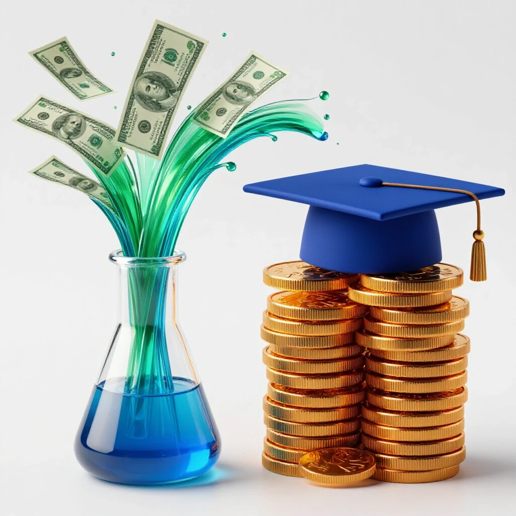 Split scene with a laboratory flask streaming money on one side and a graduation cap atop stacked coins on the other, symbolizing education value.