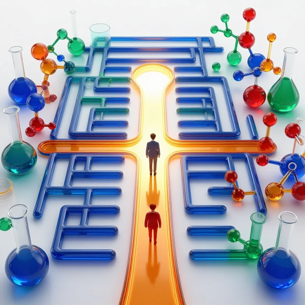 Vivid maze of laboratory glassware and glowing molecules with a bright path leading to success in chemical engineering.