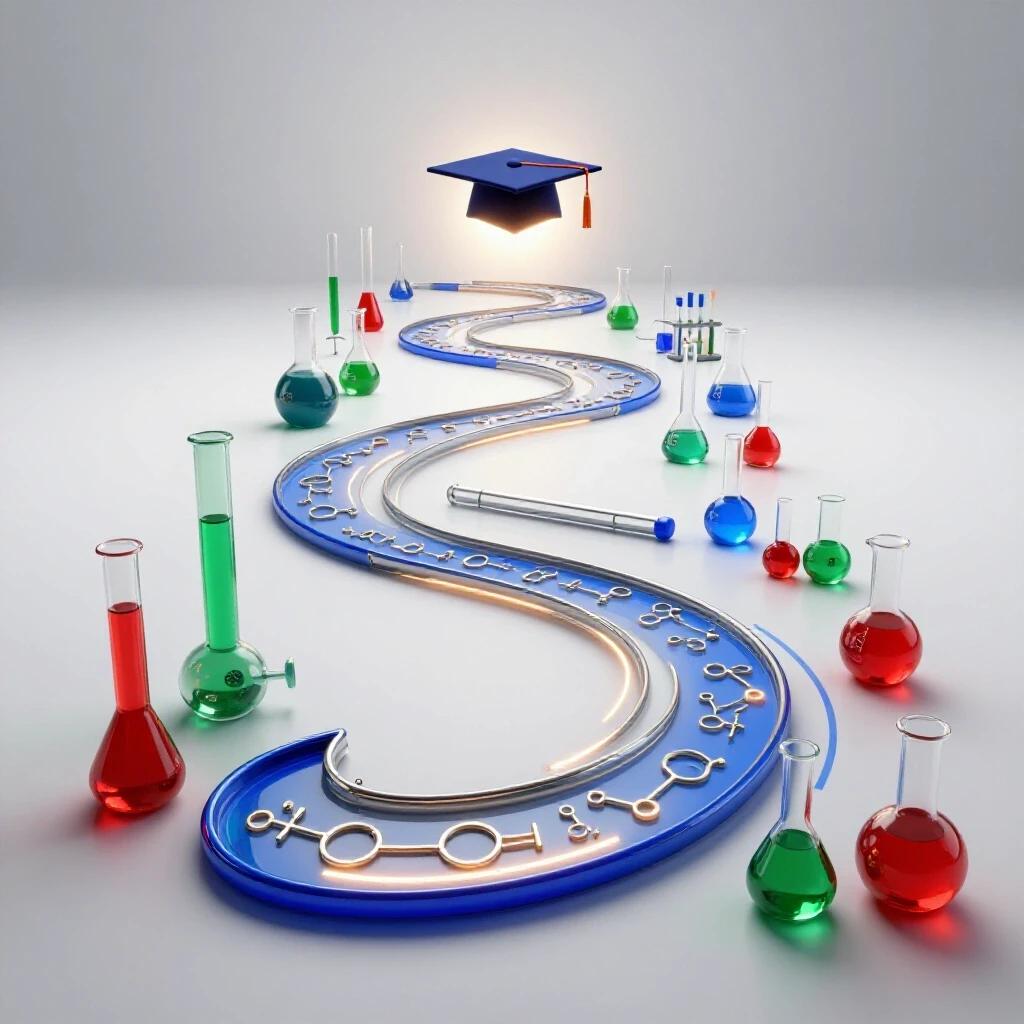 Winding path of colorful chemical formulas and glassware leading to a glowing graduation cap on a bright background.
