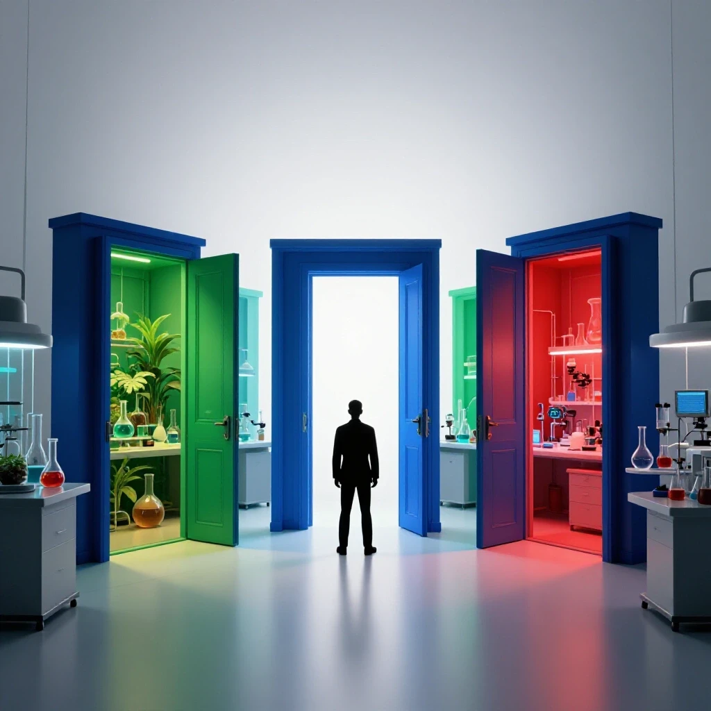 Brightly lit laboratory scene with a silhouette facing glowing doors showing diverse, unexpected chemistry workspaces.