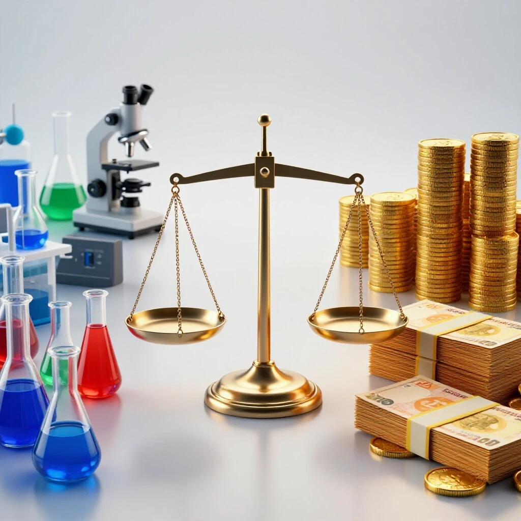 Split scene with colorful laboratory equipment on one side, stacks of gold coins and cash on the other, joined by a balance scale on a bright background.