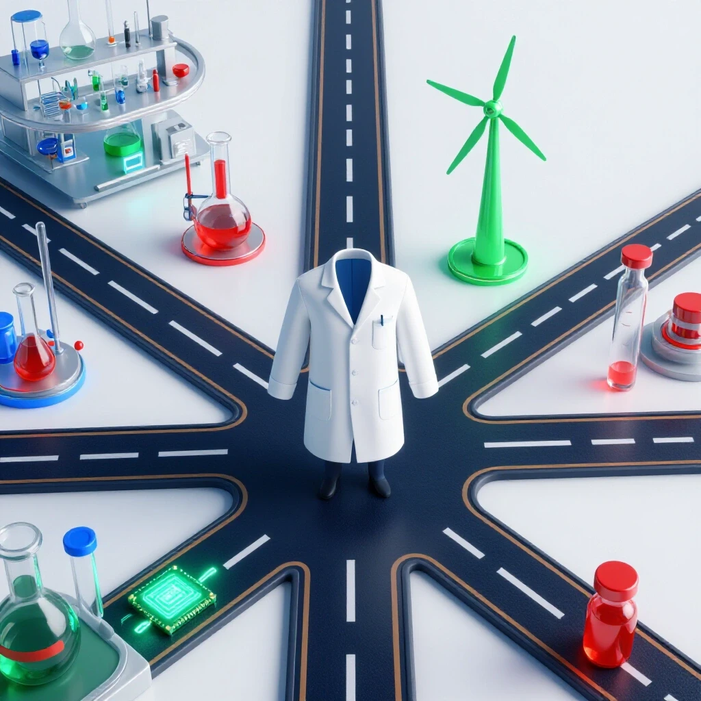 A crossroads with a lab coat at the center branching into a research lab and futuristic industries, all on a bright background.