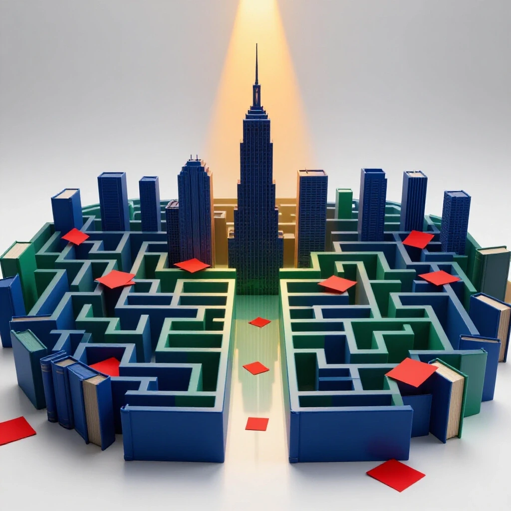 A maze of colorful books and papers shaped like Chicago's skyline under a bright spotlight, revealing a clear path.