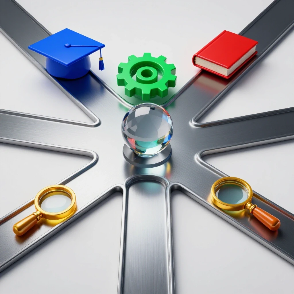 Central crossroads with rich-colored symbolic paths leading to a graduation cap, gear, book, and magnifying glass, on a bright, clean background