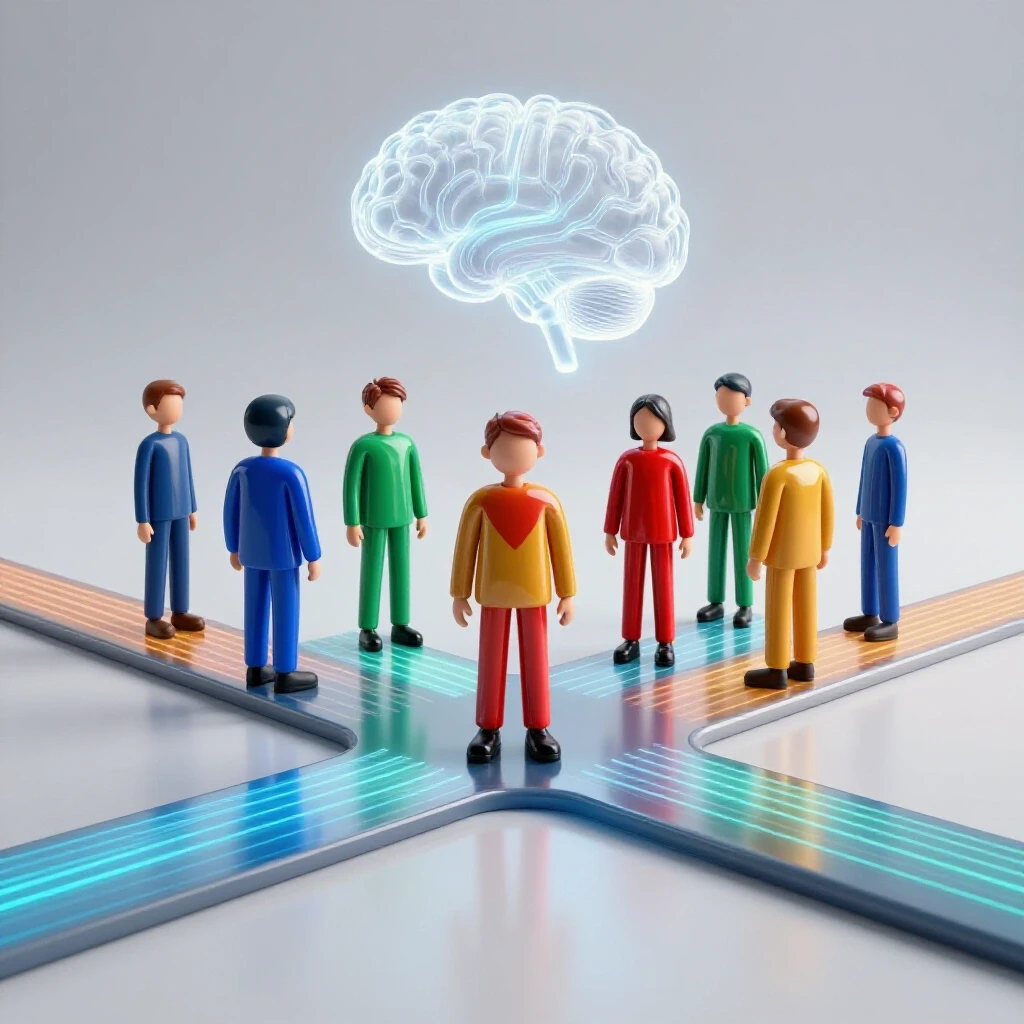 Students stand at a glowing crossroads guided by a luminous AI brain, with futuristic holographic pathways.