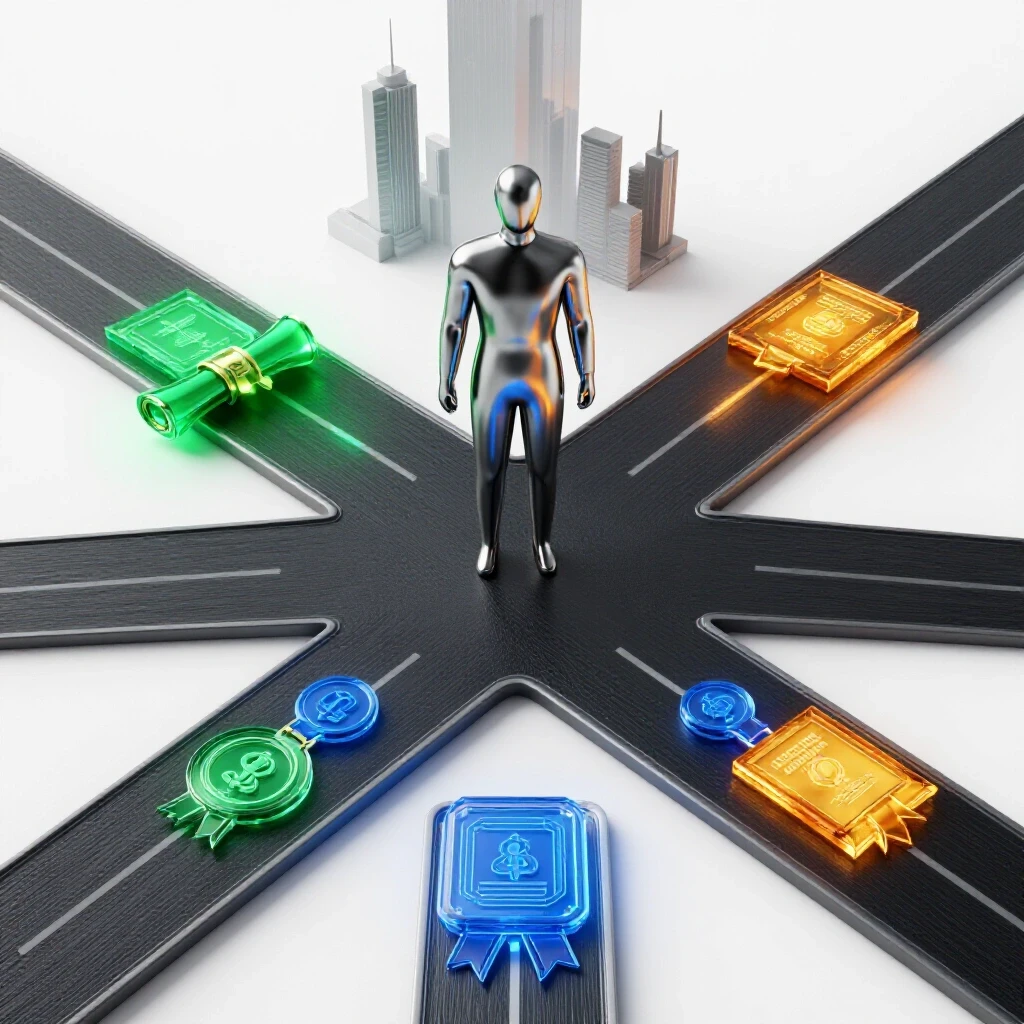 A crossroads with glowing diploma, badge, and certificate symbols leading to a futuristic cityscape.