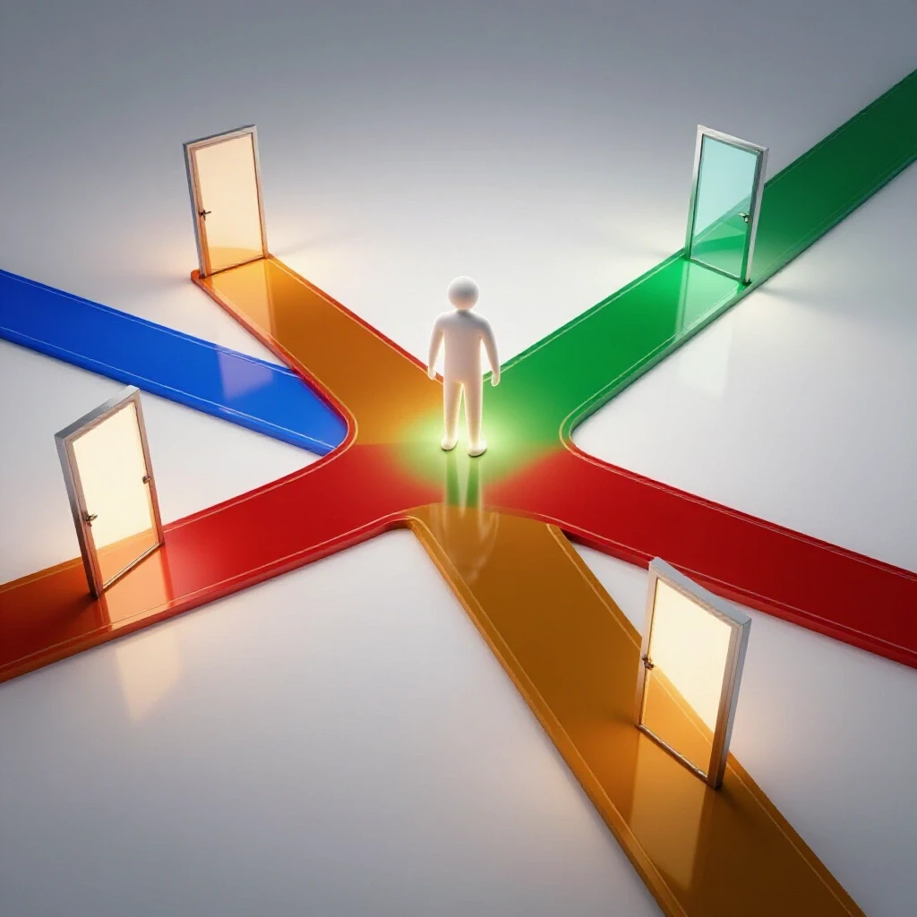 Four colored crossroads with glowing doors and a guiding advisor object at the intersection on a bright background.